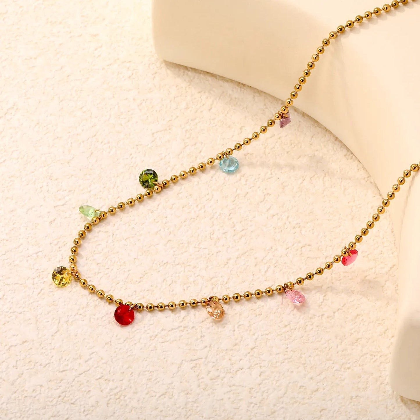 Rainbow Crystal Teardrop Stainless Steel Bead Chain Necklace