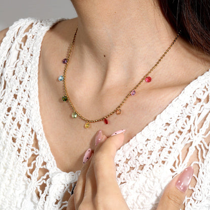 Rainbow Crystal Teardrop Stainless Steel Bead Chain Necklace