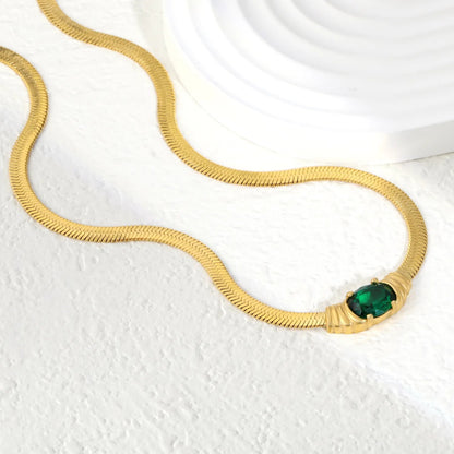 Retro Liquid Gold Fishbone Chain | Tarnish-Free Green Zircon Gem