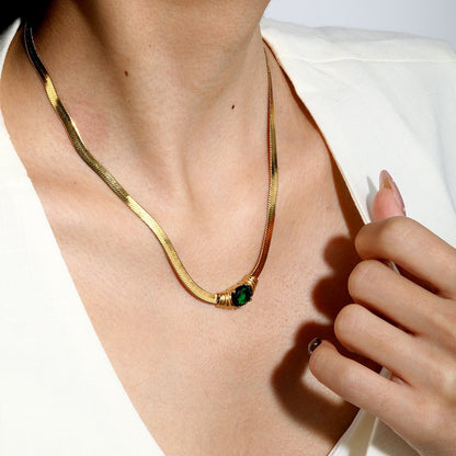 Retro Liquid Gold Fishbone Chain | Tarnish-Free Green Zircon Gem
