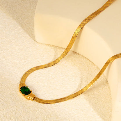 Retro Liquid Gold Fishbone Chain | Tarnish-Free Green Zircon Gem