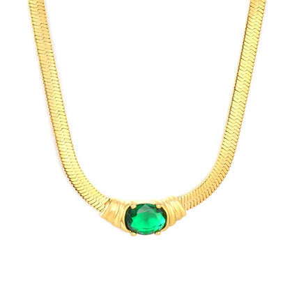 Retro Liquid Gold Fishbone Chain | Tarnish-Free Green Zircon Gem
