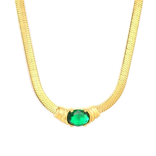Retro Liquid Gold Fishbone Chain | Tarnish-Free Green Zircon Gem