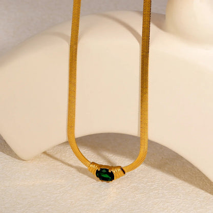 Retro Liquid Gold Fishbone Chain | Tarnish-Free Green Zircon Gem