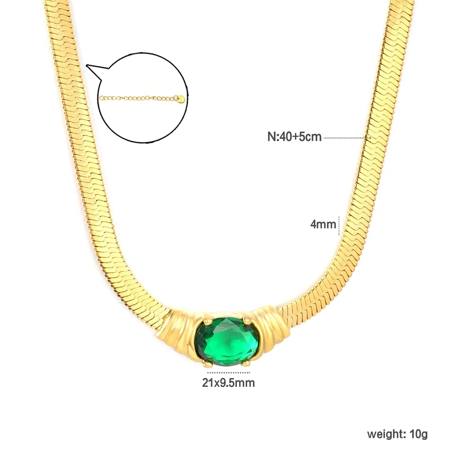 Retro Liquid Gold Fishbone Chain | Tarnish-Free Green Zircon Gem