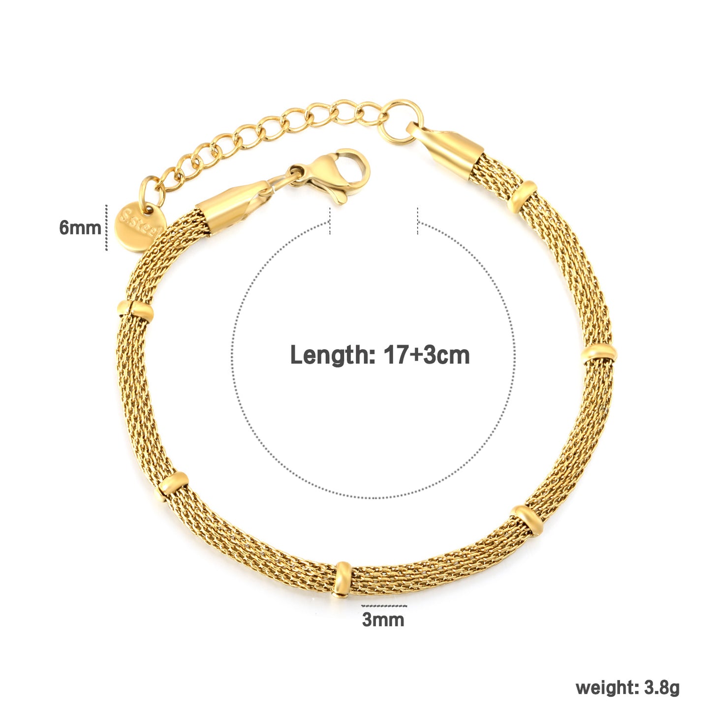 Wholesale Waterproof PVD Gold Relief-Textured Mesh & Cylinder Bracelet