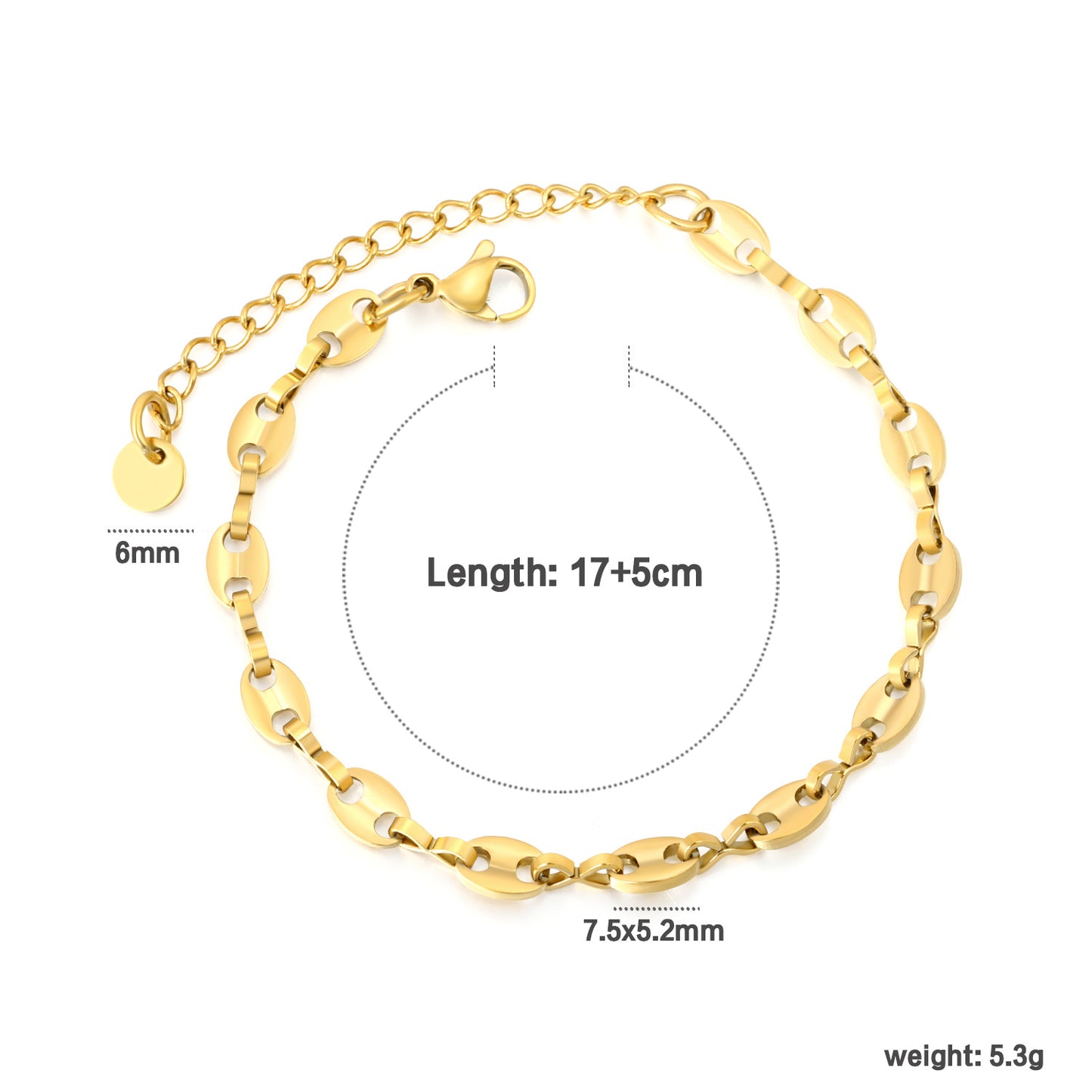Wholesale Waterproof PVD Gold Minimalist Oval Loop Chain Bracelet