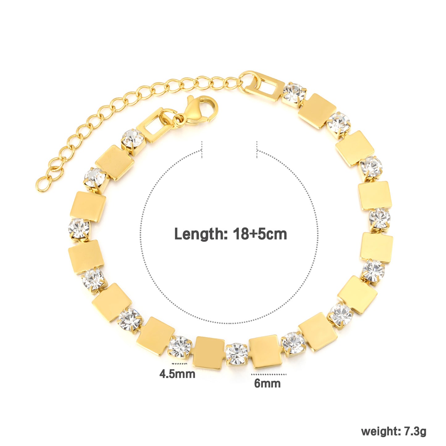 Wholesale Waterproof PVD Gold Square CZ Geometric Spaced Bracelet
