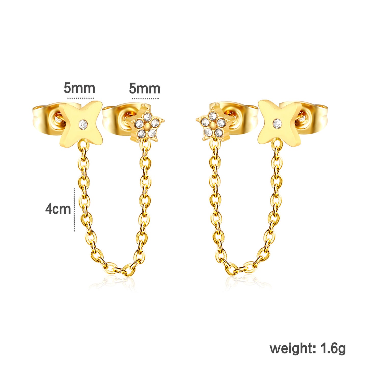 Bulk PVD Gold Pave CZ Star Long Chain Dangle Earrings Waterproof