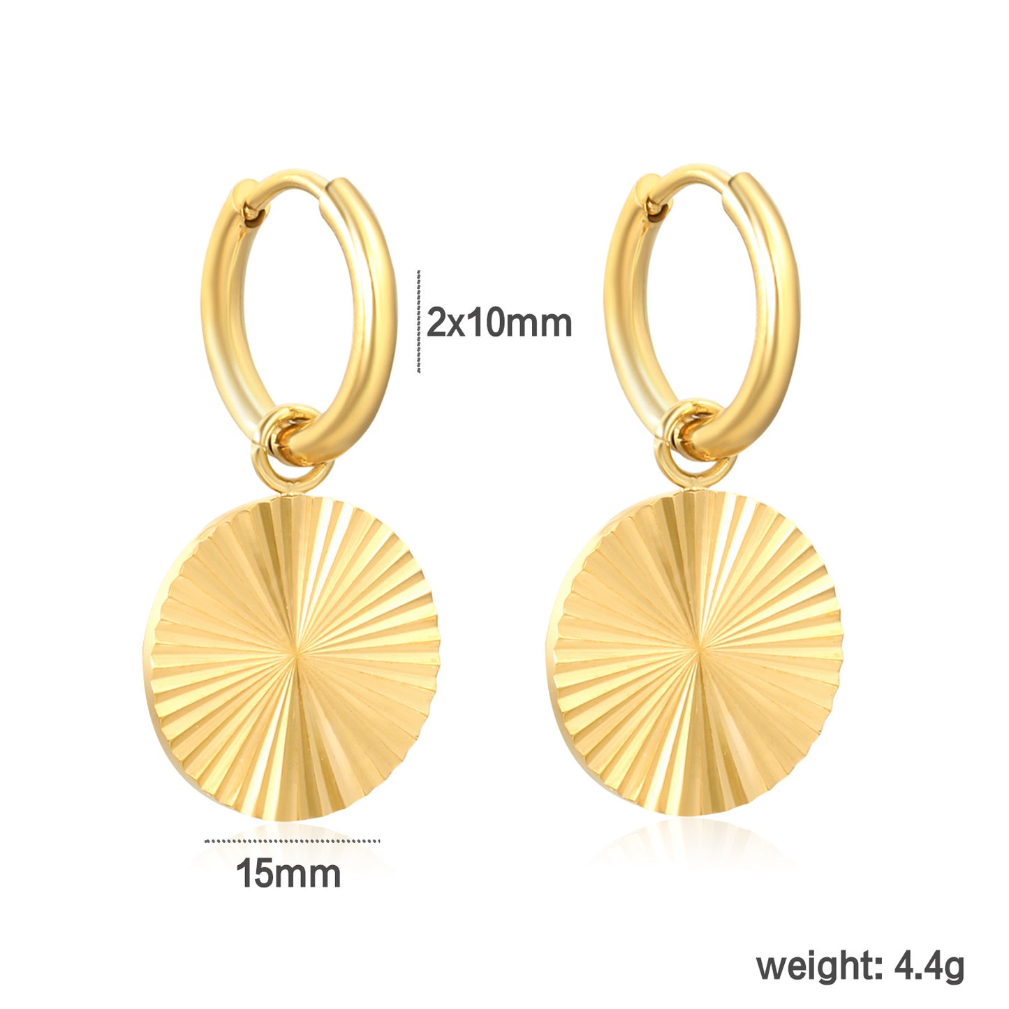 Bulk PVD Gold Sunburst Radial Texture Disk Hoop Earrings