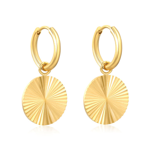 Bulk PVD Gold Sunburst Radial Texture Disk Hoop Earrings