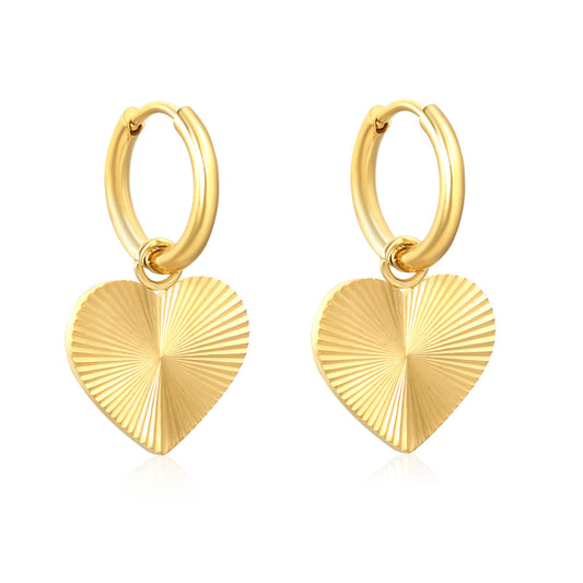 Bulk PVD Gold Sunburst Heart Radial Texture Charm Hoop Earrings