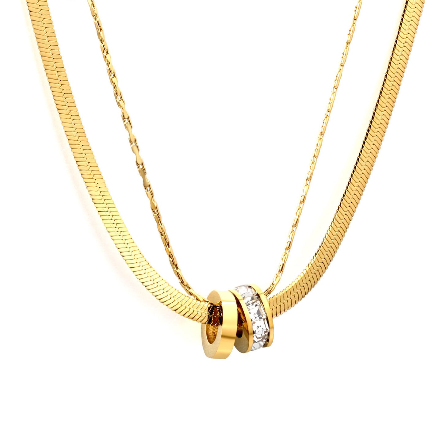 Wholesale Waterproof PVD Gold Double Layer Snake Chain CZ Necklace