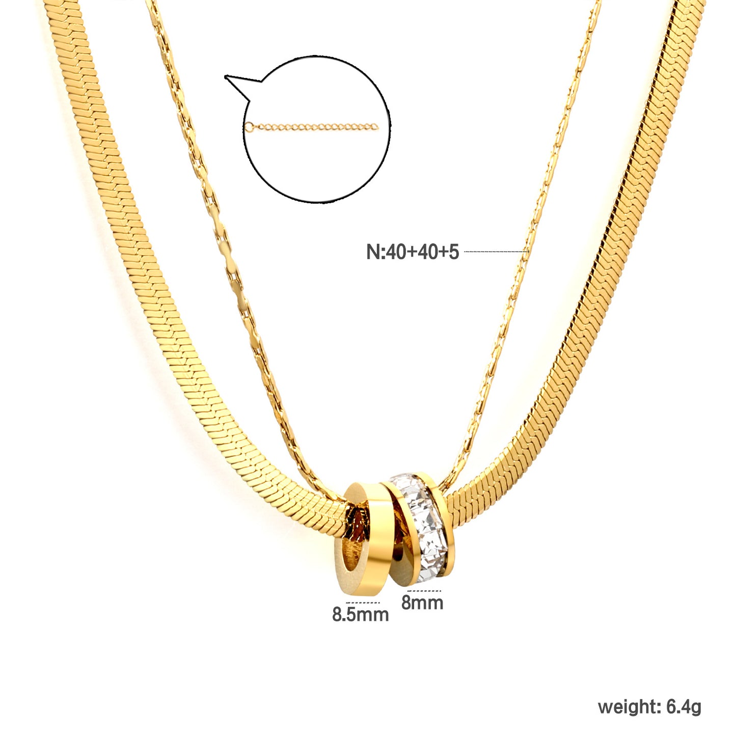Wholesale Waterproof PVD Gold Double Layer Snake Chain CZ Necklace
