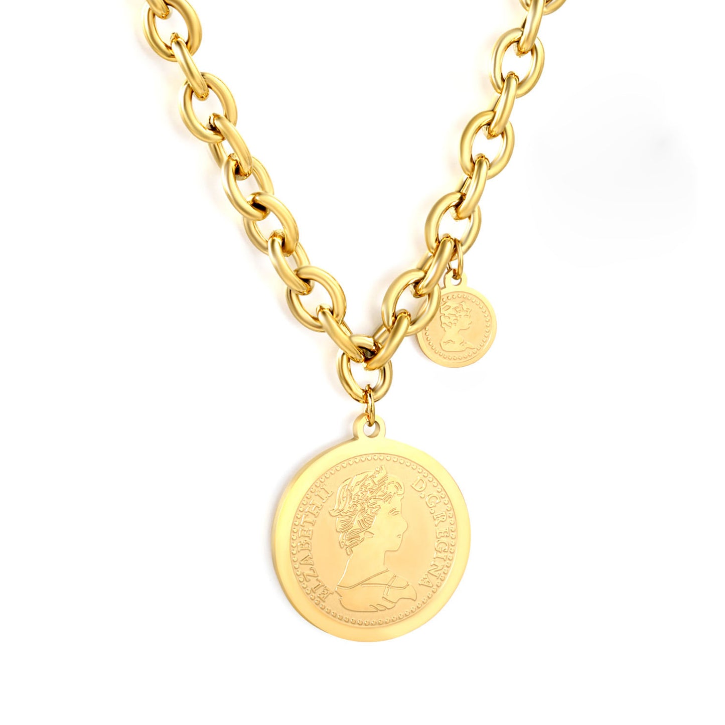 Bulk PVD Gold Embossed Coin Pendant Cuban Link Necklace