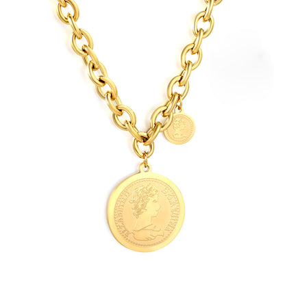Bulk PVD Gold Embossed Coin Pendant Cuban Link Necklace