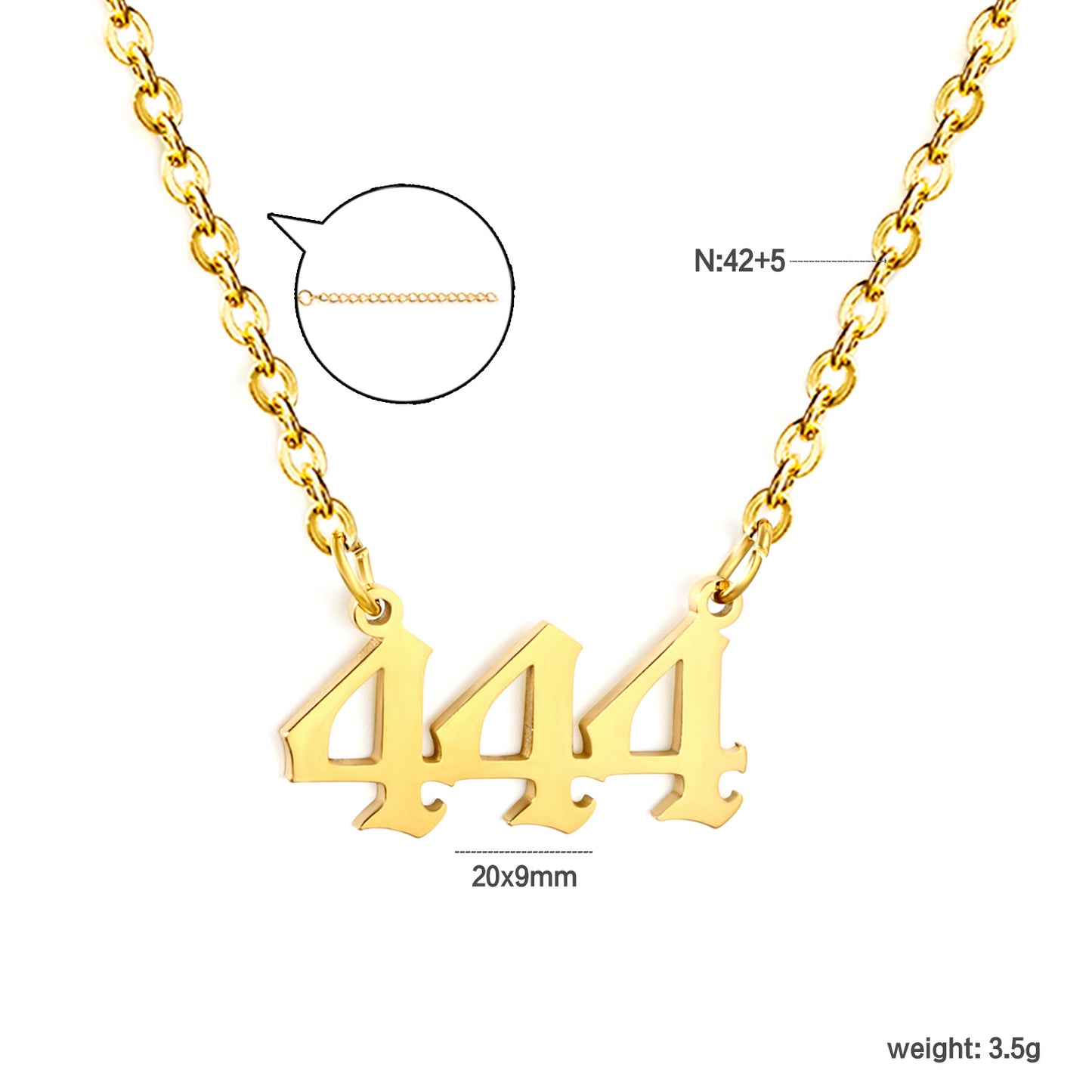Bulk PVD Gold Angel Number 444 Pendant Bead Chain Necklace