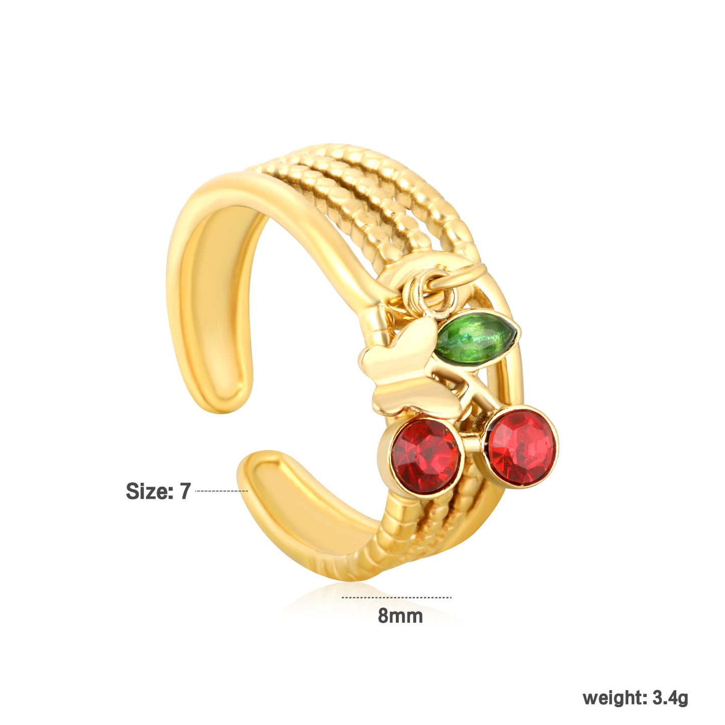 Wholesale Waterproof PVD Gold Bold Cherry Charm Statement Ring