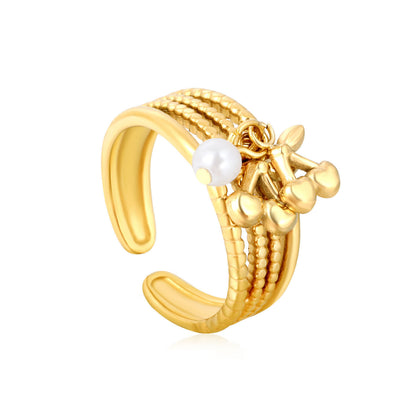 Bulk PVD Gold Bold Statement Pearl & Cherry Dangle Open Ring
