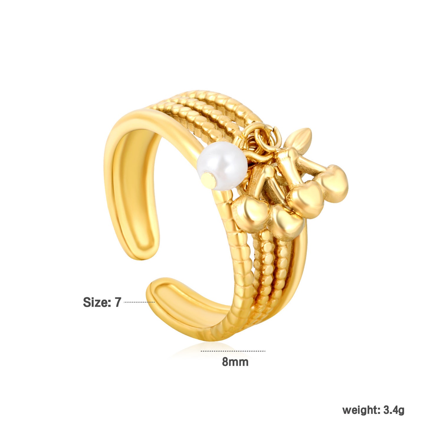 Bulk PVD Gold Bold Statement Pearl & Cherry Dangle Open Ring