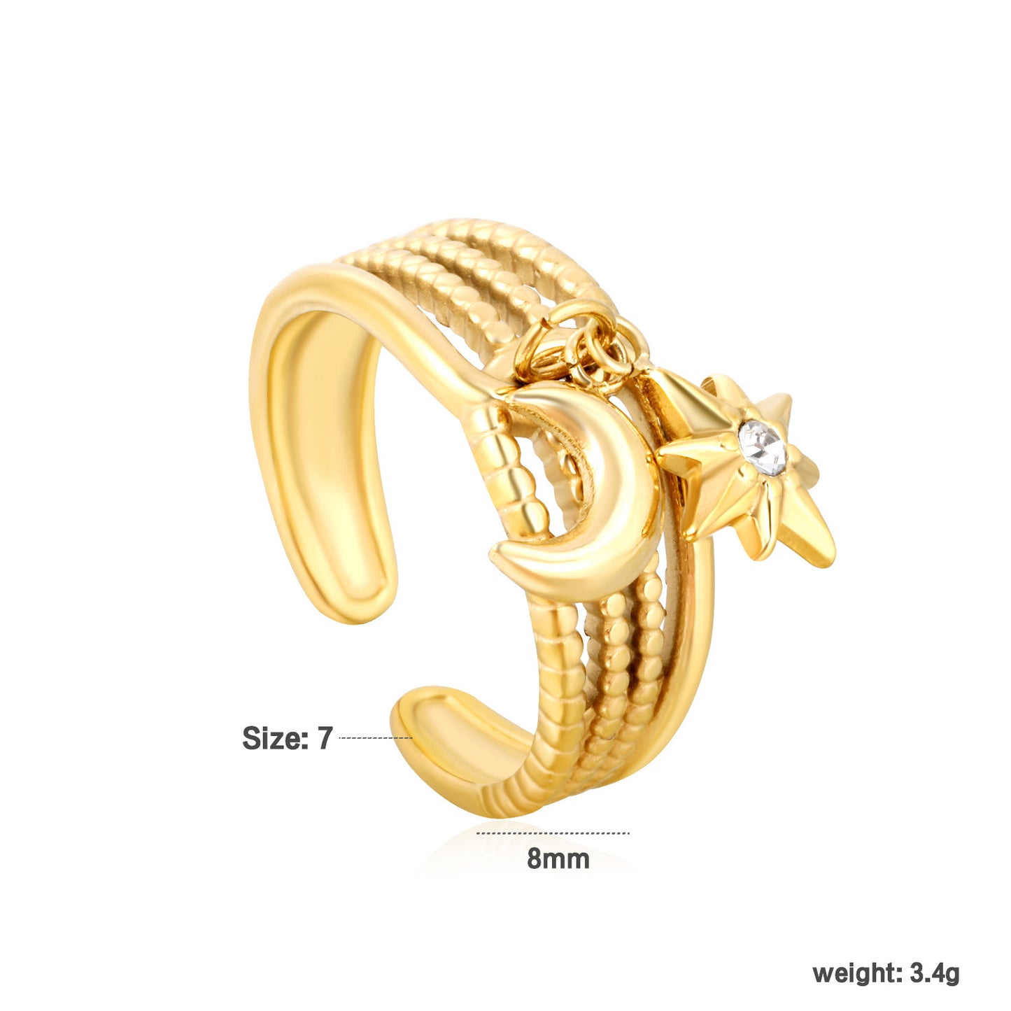Bulk PVD Gold Bold Celestial Moon & Star CZ Statement Ring
