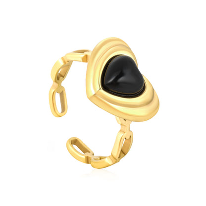 Wholesale Waterproof PVD Gold Chain Link Black Zircon Heart Ring