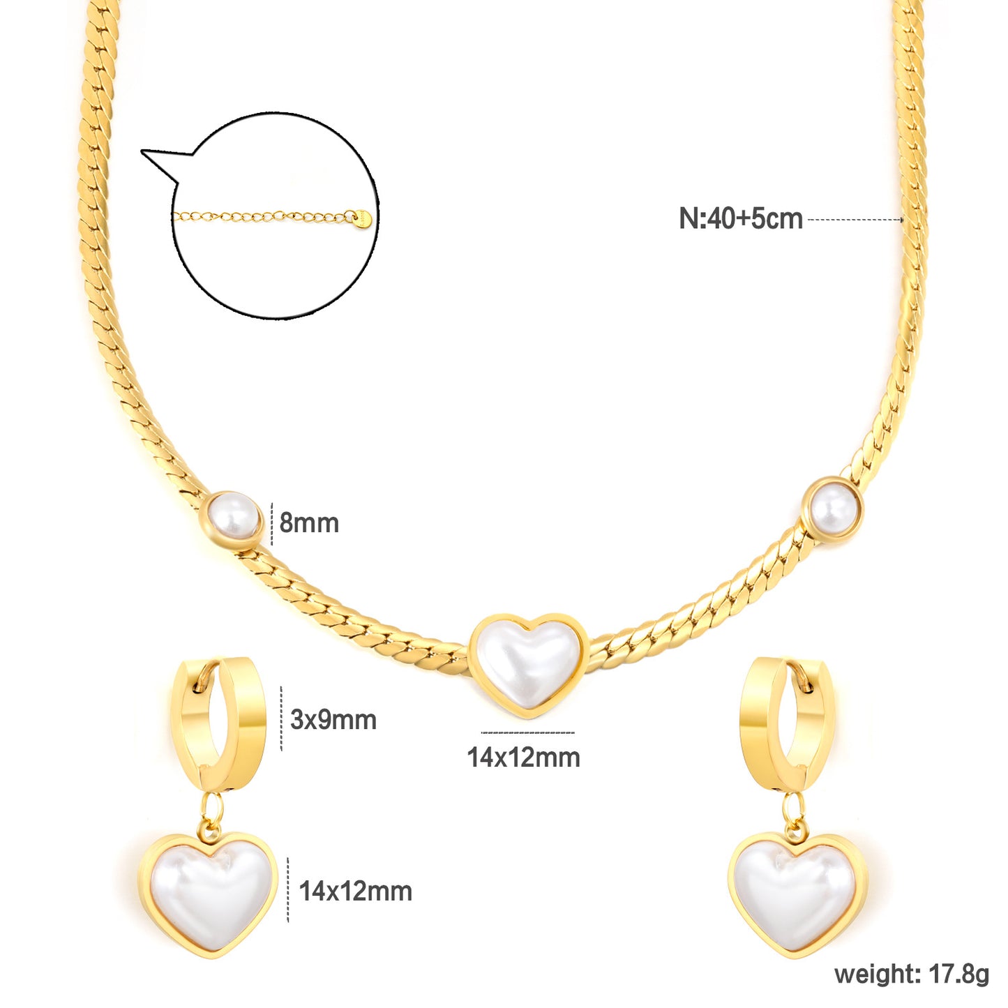 Wholesale Waterproof PVD Gold Heart & Pearl Statement Jewelry Set