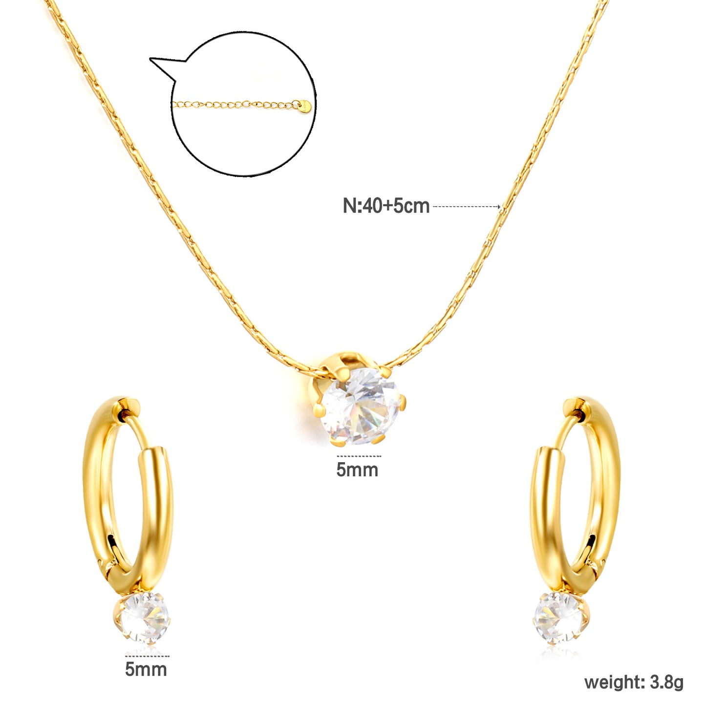 Bulk PVD Gold Solitaire Zircon Necklace & Pave CZ Huggie Set