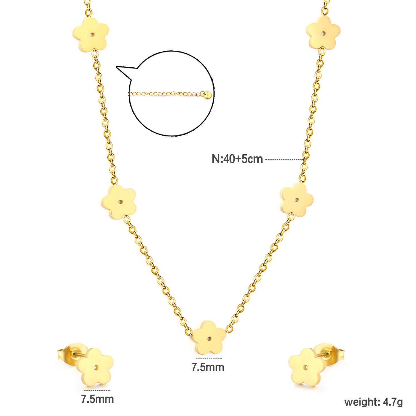 Wholesale Waterproof PVD Gold Sculpted Clover Necklace & Stud Set