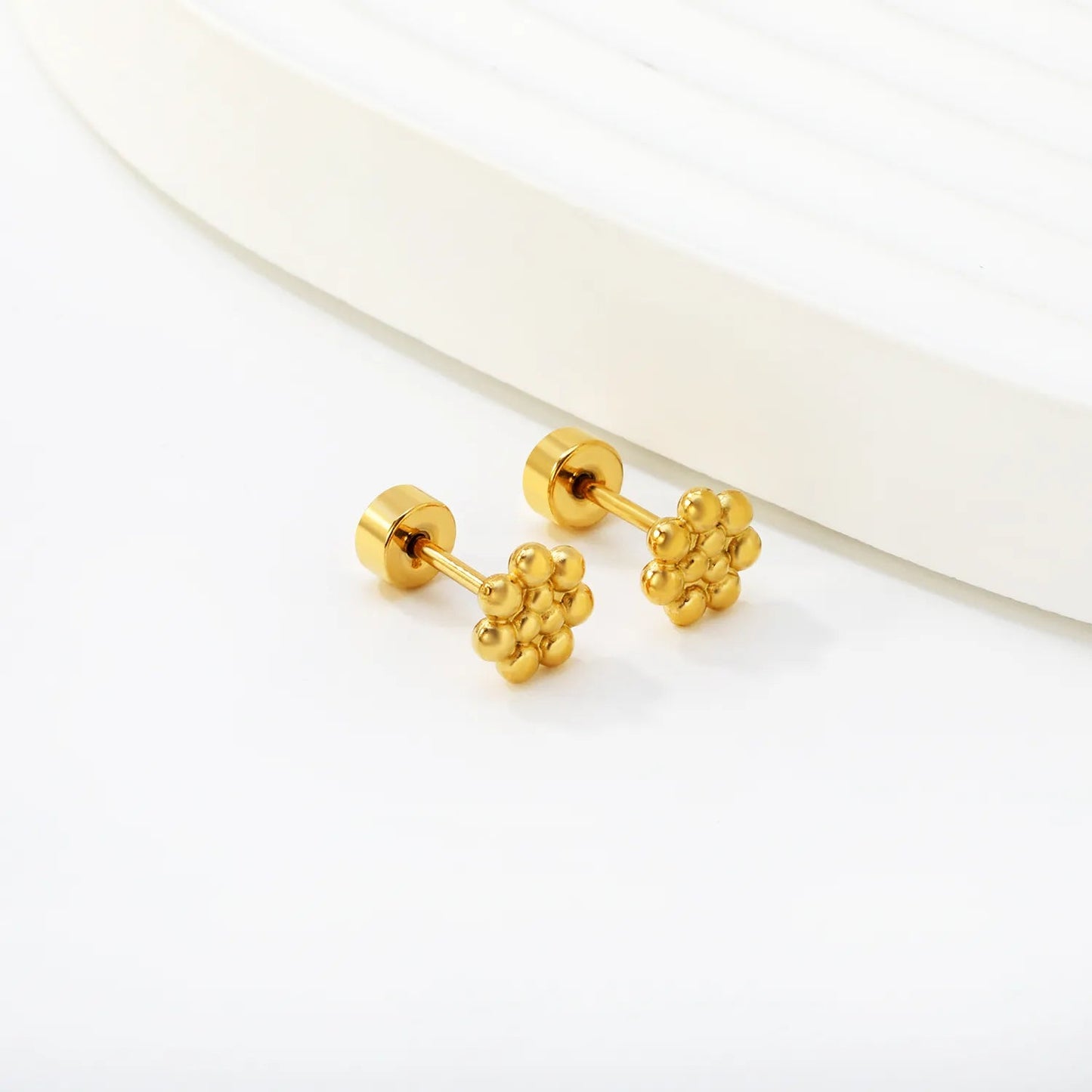Set of 12 Stainless Steel Stud Earrings | Screw-Back Flower Bead Design