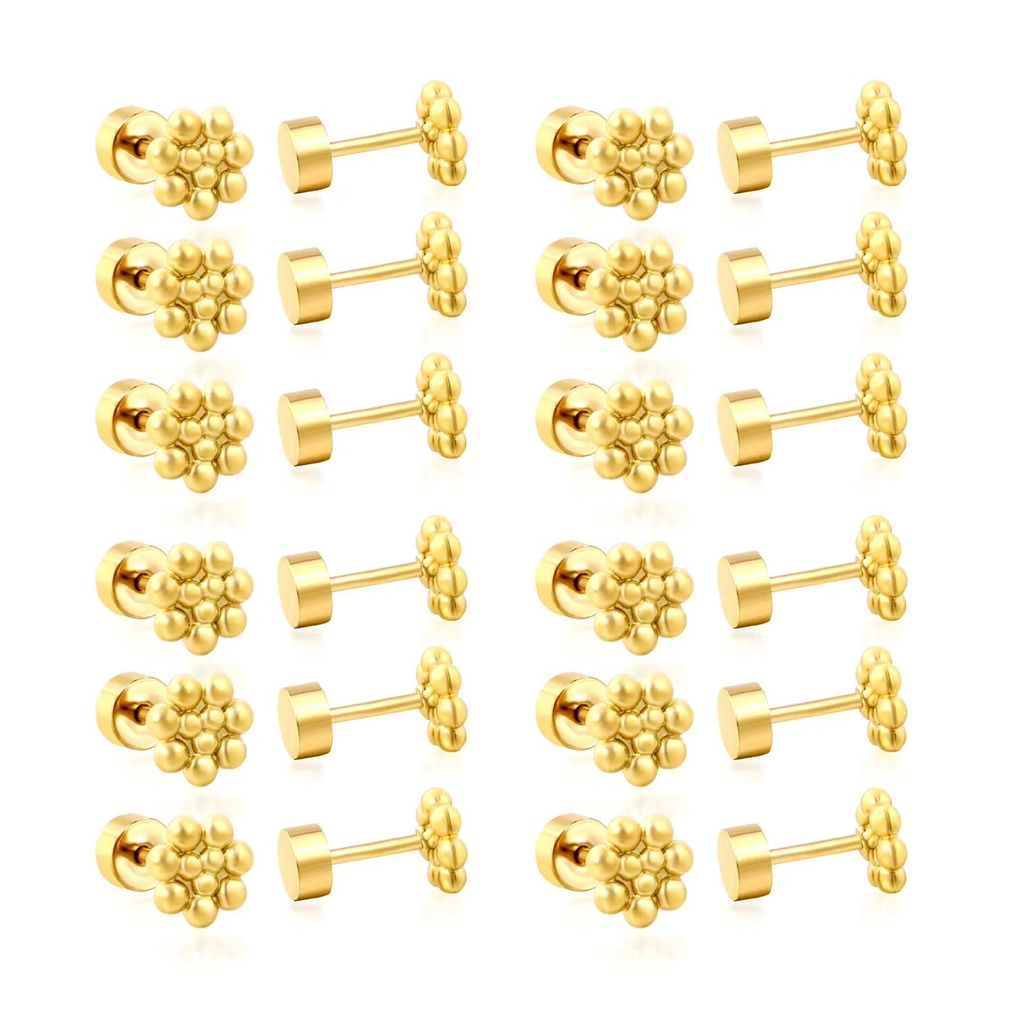 Set of 12 Stainless Steel Stud Earrings | Screw-Back Flower Bead Design