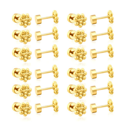 Set of 12 Stainless Steel Stud Earrings | Screw-Back Flower Bead Design