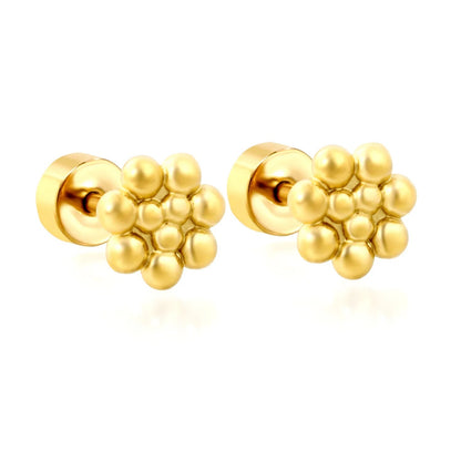 Set of 12 Stainless Steel Stud Earrings | Screw-Back Flower Bead Design