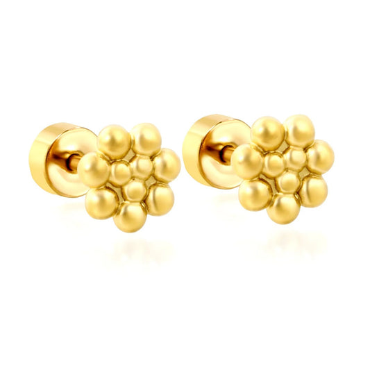 Set of 12 Stainless Steel Stud Earrings | Screw-Back Flower Bead Design