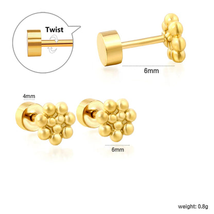 Set of 12 Stainless Steel Stud Earrings | Screw-Back Flower Bead Design