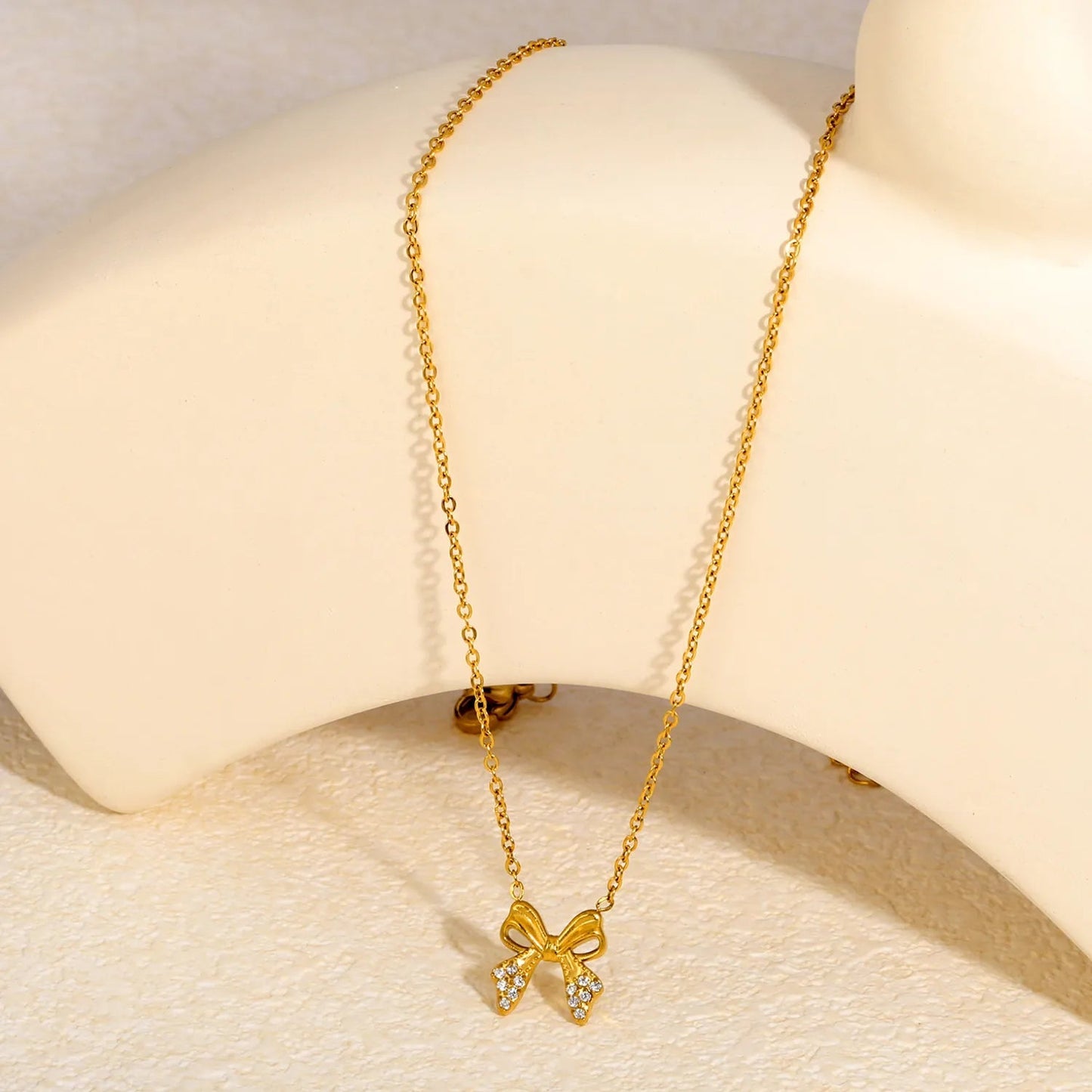 Stainless Steel Bow Necklace | Textured Zircon Charm