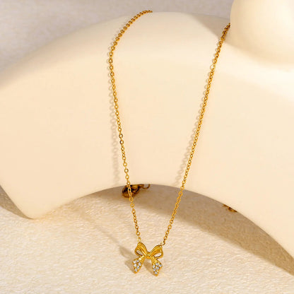 Stainless Steel Bow Necklace | Textured Zircon Charm