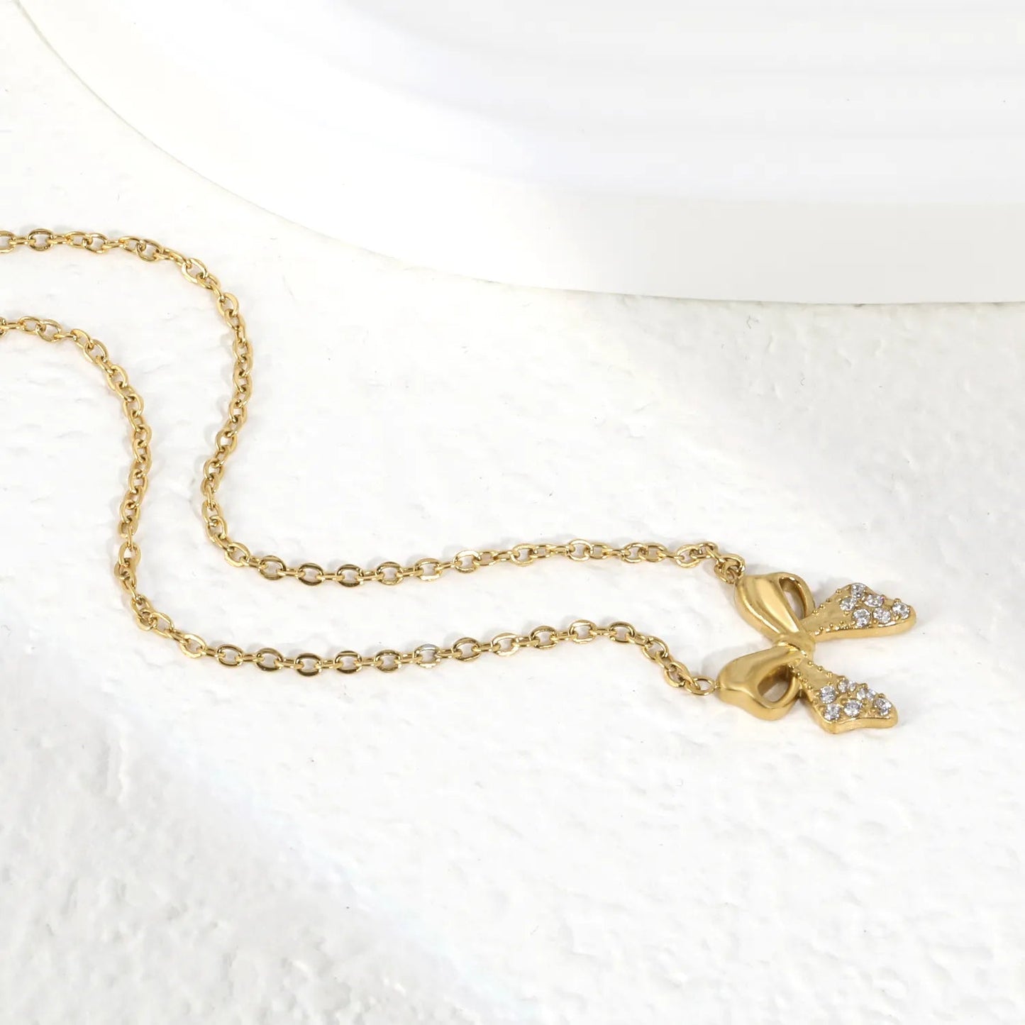 Stainless Steel Bow Necklace | Textured Zircon Charm