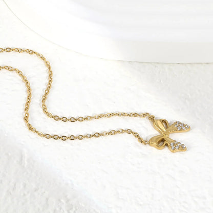 Stainless Steel Bow Necklace | Textured Zircon Charm