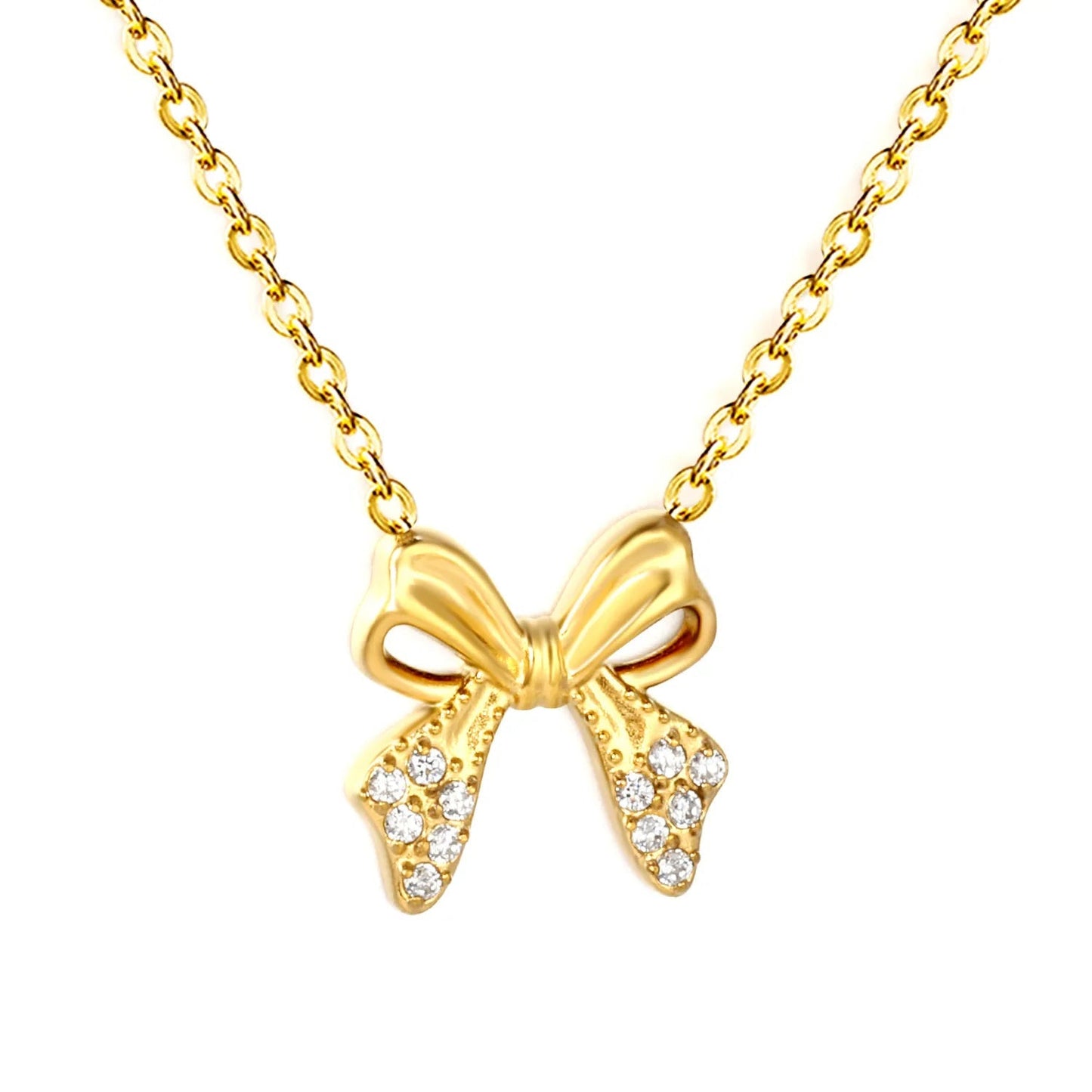 Stainless Steel Bow Necklace | Textured Zircon Charm
