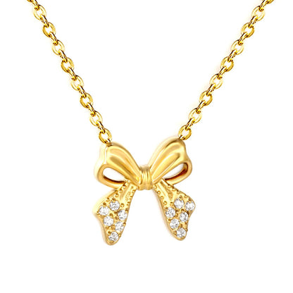 Stainless Steel Bow Necklace | Textured Zircon Charm