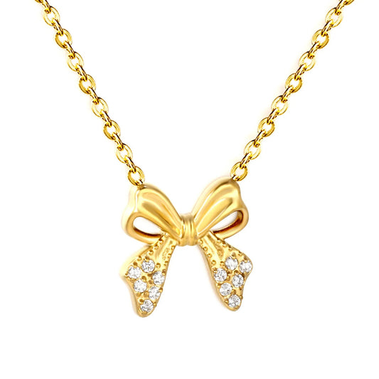 Stainless Steel Bow Necklace | Textured Zircon Charm