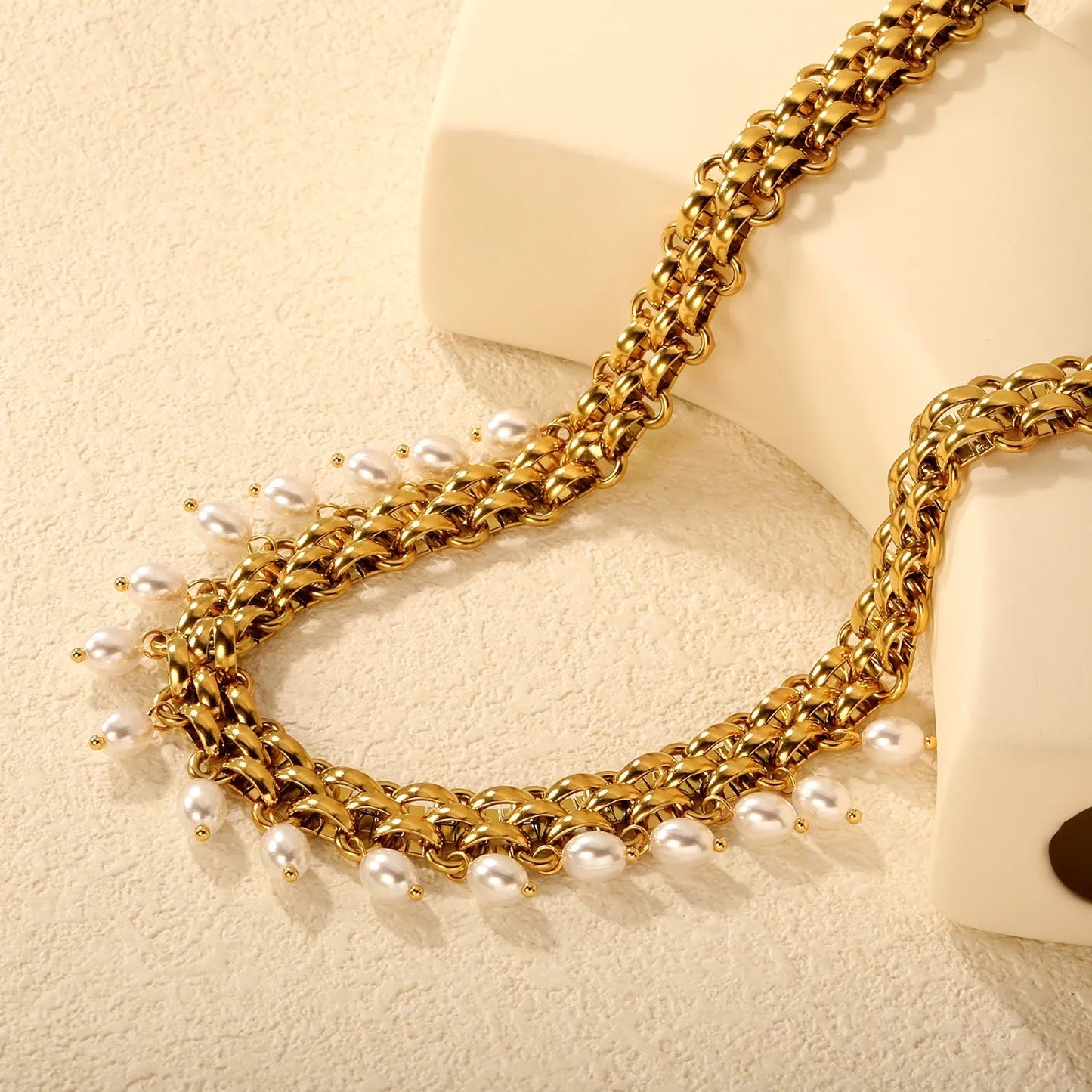 Stainless Steel Cuban Chain Necklace with Pearl Tassel