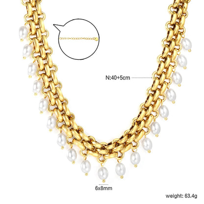 Stainless Steel Cuban Chain Necklace with Pearl Tassel