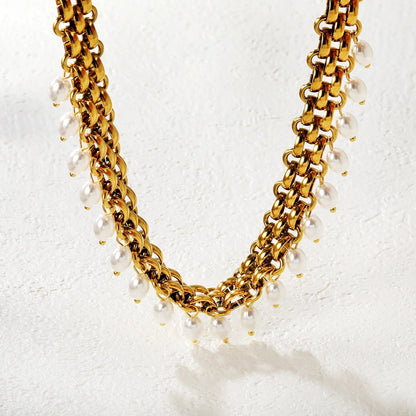 Stainless Steel Cuban Chain Necklace with Pearl Tassel