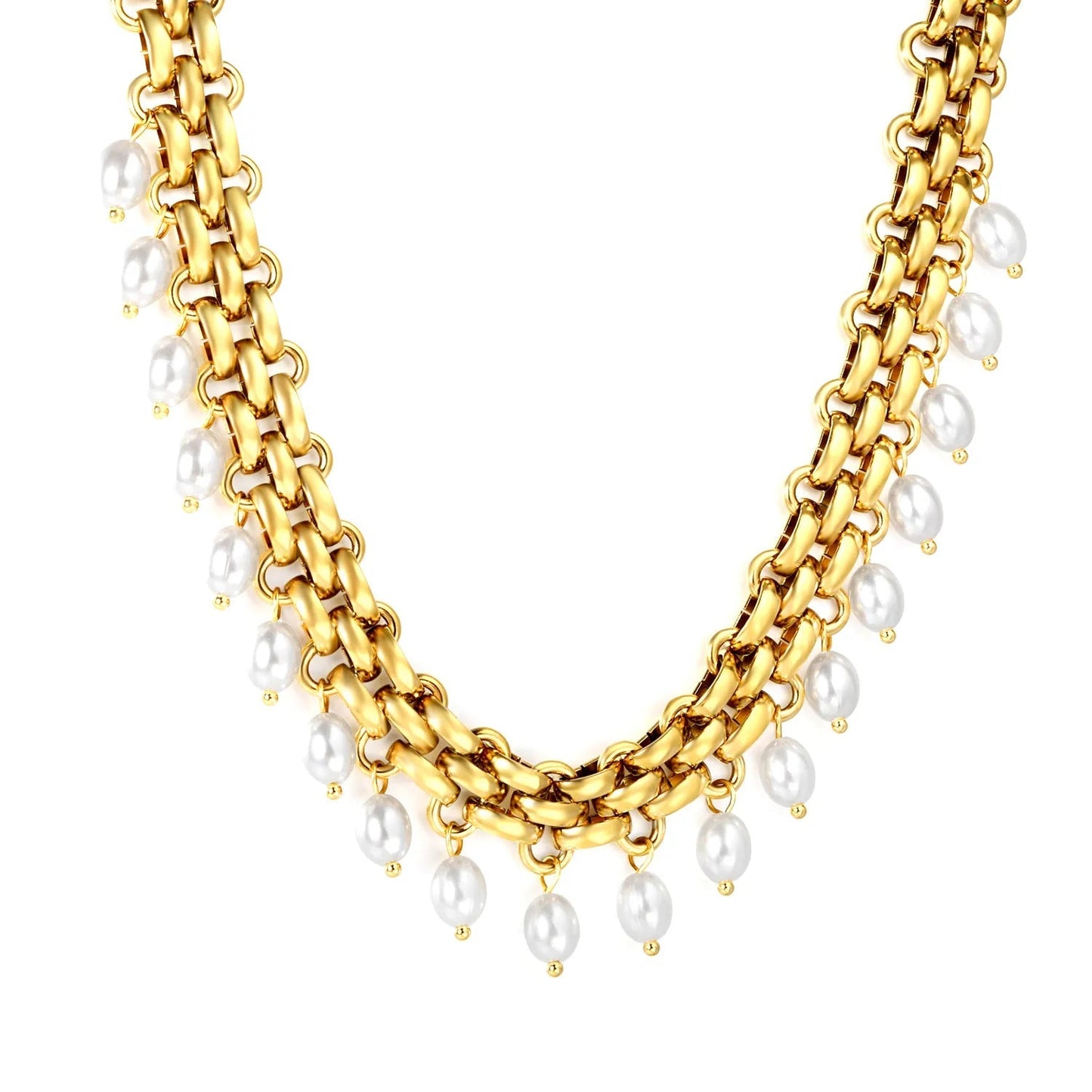 Stainless Steel Cuban Chain Necklace with Pearl Tassel