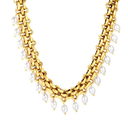 Stainless Steel Cuban Chain Necklace with Pearl Tassel