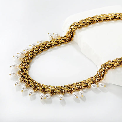 Stainless Steel Cuban Chain Necklace with Pearl Tassel