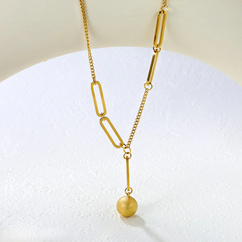 Stainless Steel Gold-Plated Paperclip & Sand Bead Pendant & Side Paperclip Chain Necklace Jewelry Supplier