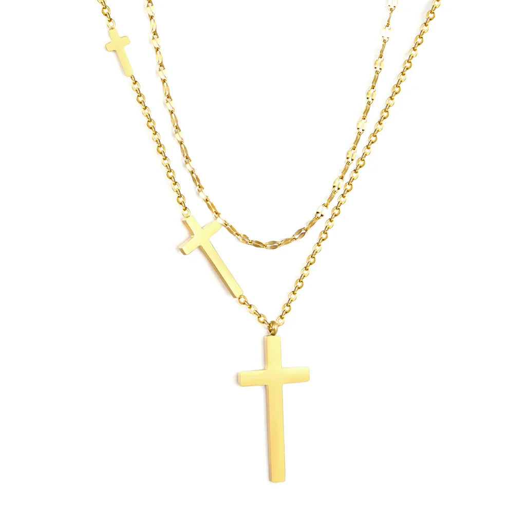 Stainless Steel Gold Cross Pendant Lip Chain + Cross Chain Double Chain Necklace Jewelry Supplier
